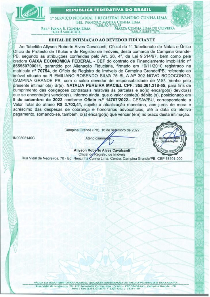 EDITAL DE INTIMAÇÃO AO DEVEDOR FIDUCIANTE