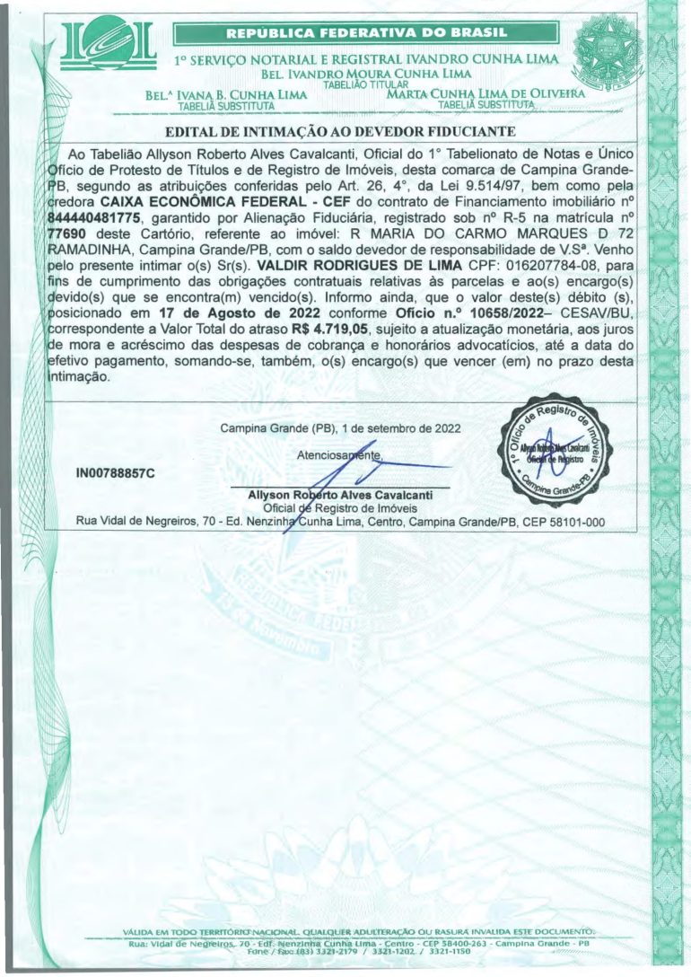 EDITAL DE INTIMAÇÃO AO DEVEDOR FIDUCIANTE