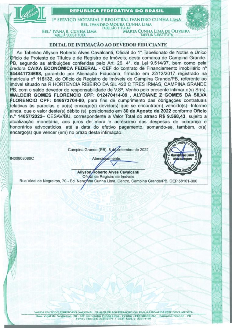 EDITAL DE INTIMAÇÃO AO DEVEDOR FIDUCIANTE