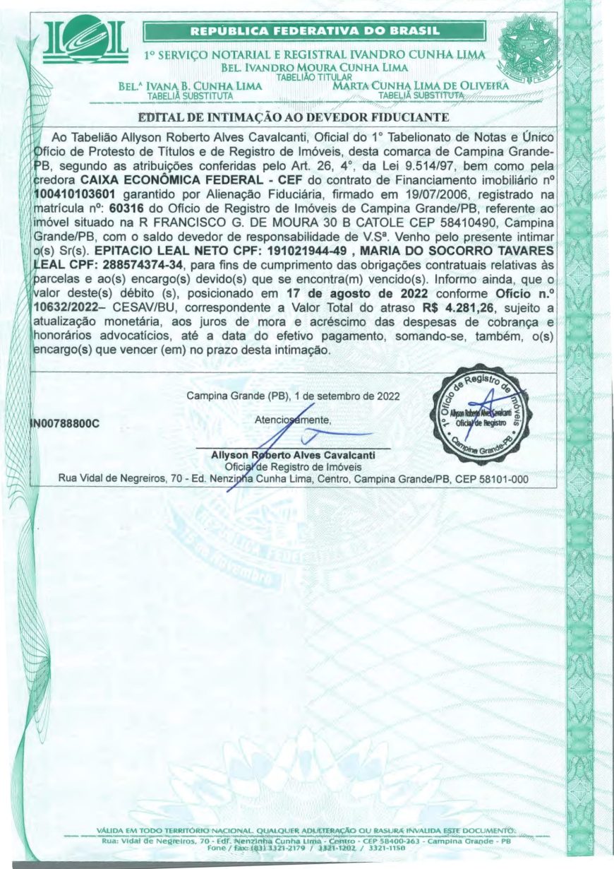 EDITAL DE INTIMAÇÃO AO DEVEDOR FIDUCIANTE
