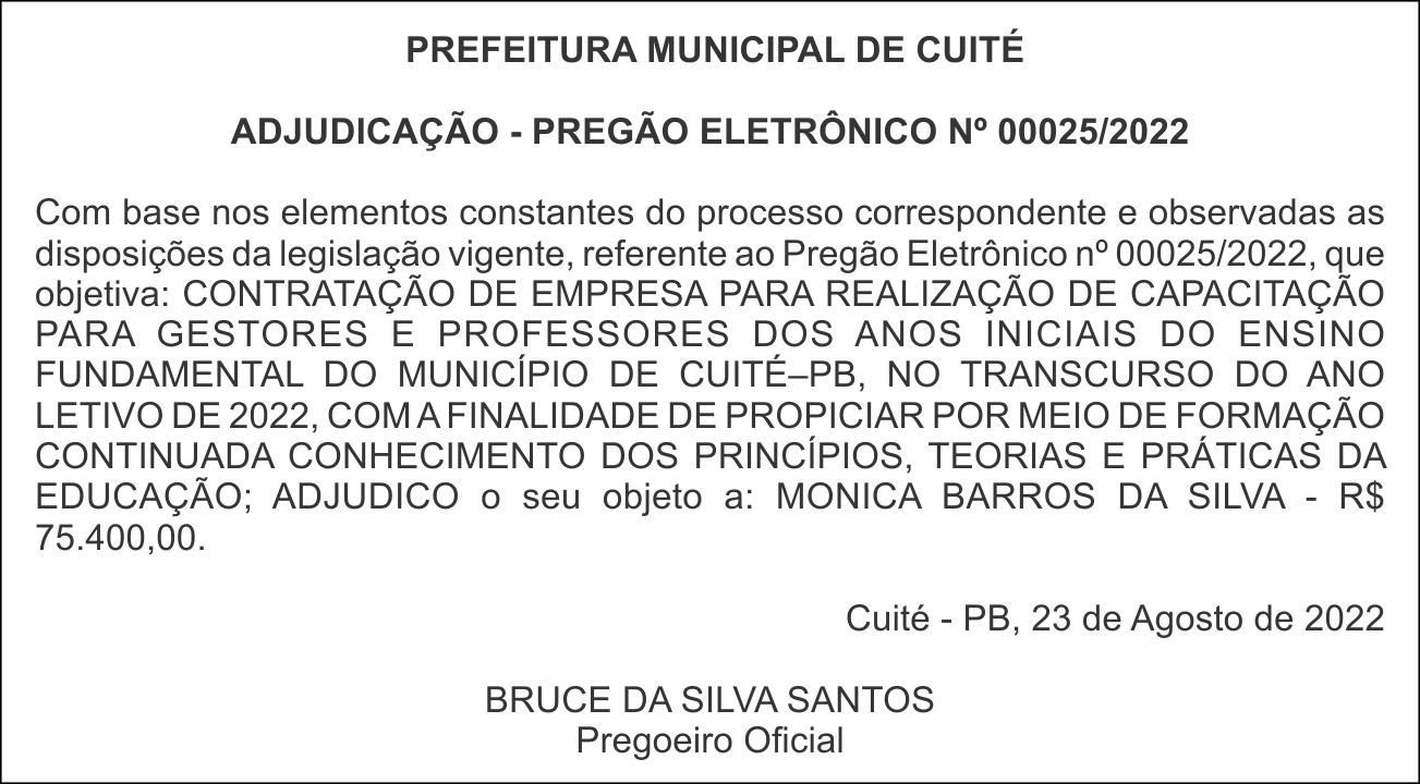 PREFEITURA MUNICIPAL DE CUITÉ – ADJUDICAÇÃO – PREGÃO ELETRÔNICO N° 00025/2022
