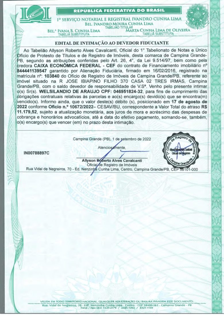 EDITAL DE INTIMAÇÃO AO DEVEDOR FIDUCIANTE