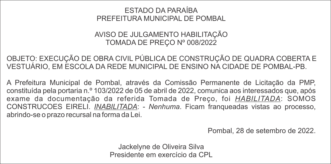 PREFEITURA MUNICIPAL DE POMBAL – AVISO DE JULGAMENTO HABILITAÇÃO – TOMADA DE PREÇO Nº 008/2022