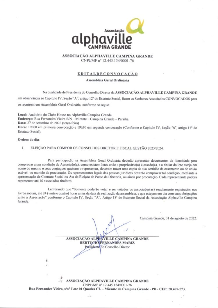 ASSOCIAÇÃO ALPHAVILLE CAMPINA GRANDE – EDITAL DE CONVOCAÇÃO DE ASSEMBLEIA GERAL ORDINÁRIA