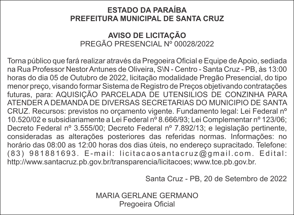 PREFEITURA MUNICIPAL DE SANTA CRUZ – AVISO DE LICITAÇÃO – PREGÃO PRESENCIAL Nº 00028/2022