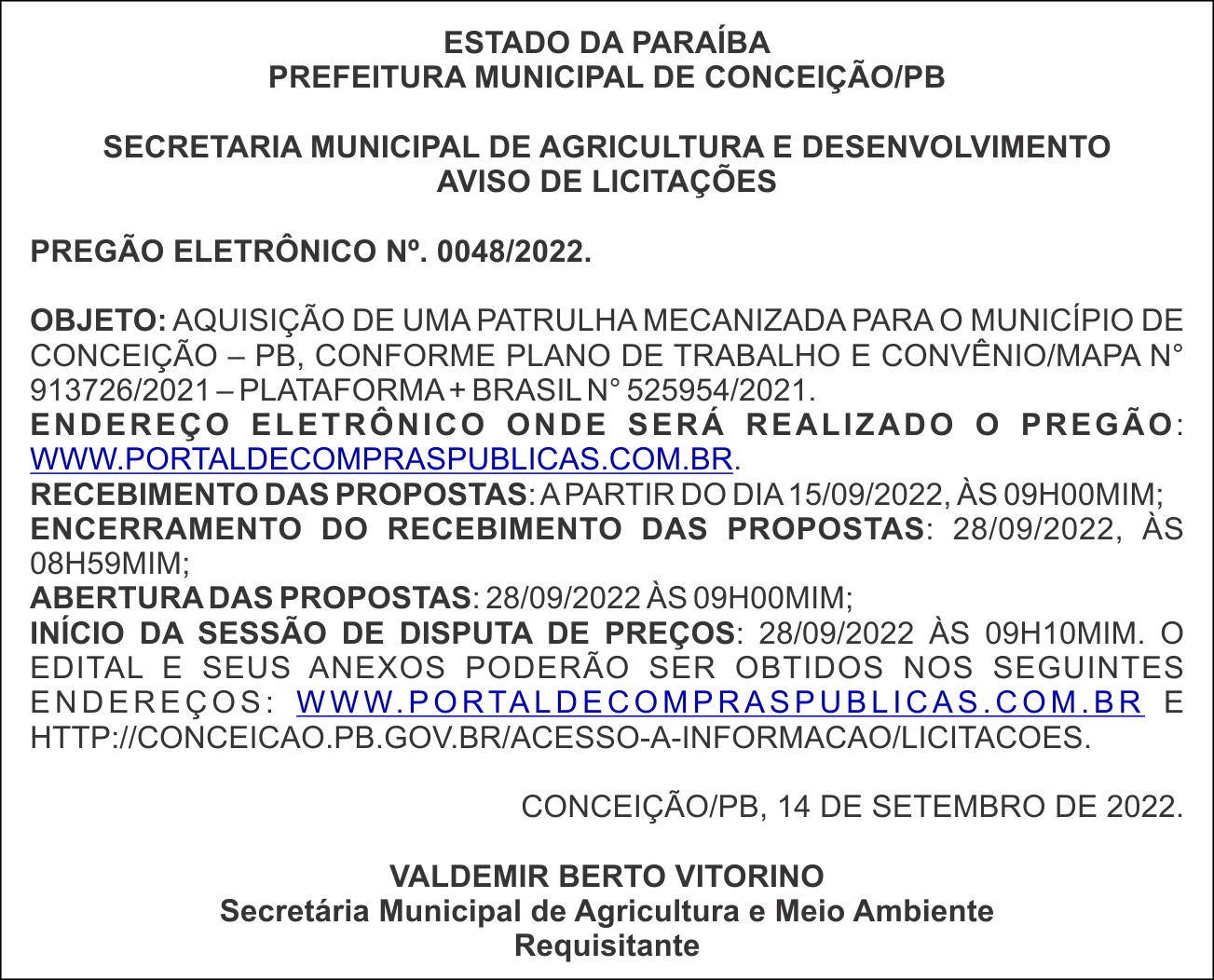PREFEITURA MUNICIPAL DE CONCEIÇÃO/PB – AVISO DE LICITAÇÕES  PREGÃO ELETRÔNICO N°. 0048/2022.