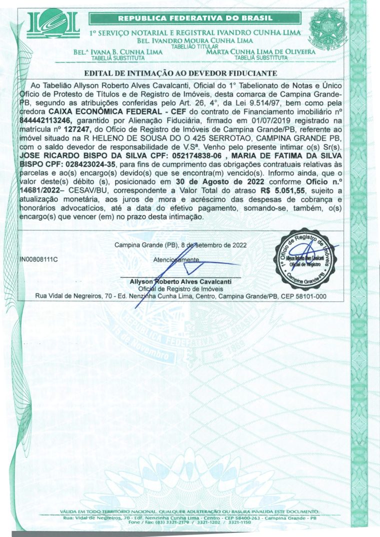 EDITAL DE INTIMAÇÃO AO DEVEDOR FIDUCIANTE
