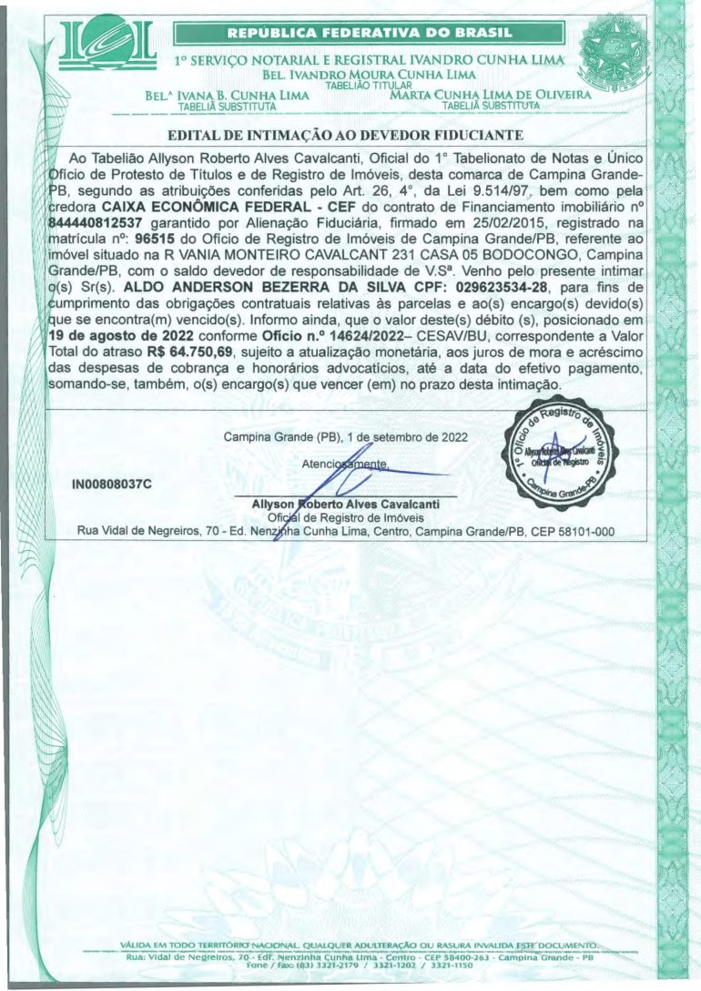 EDITAL DE INTIMAÇÃO AO DEVEDOR FIDUCIANTE