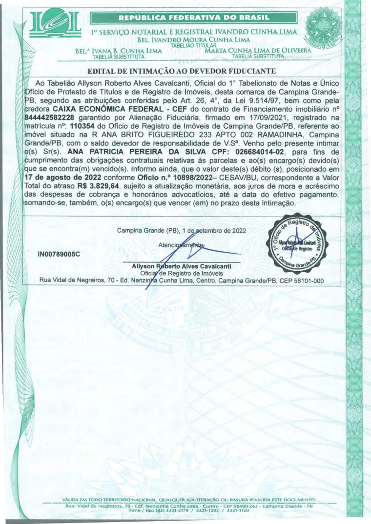 EDITAL DE INTIMAÇÃO AO DEVEDOR FIDUCIANTE