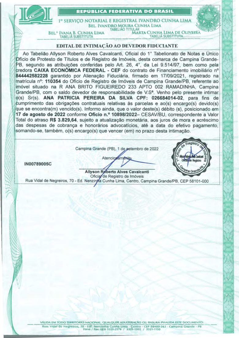 EDITAL DE INTIMAÇÃO AO DEVEDOR FIDUCIANTE