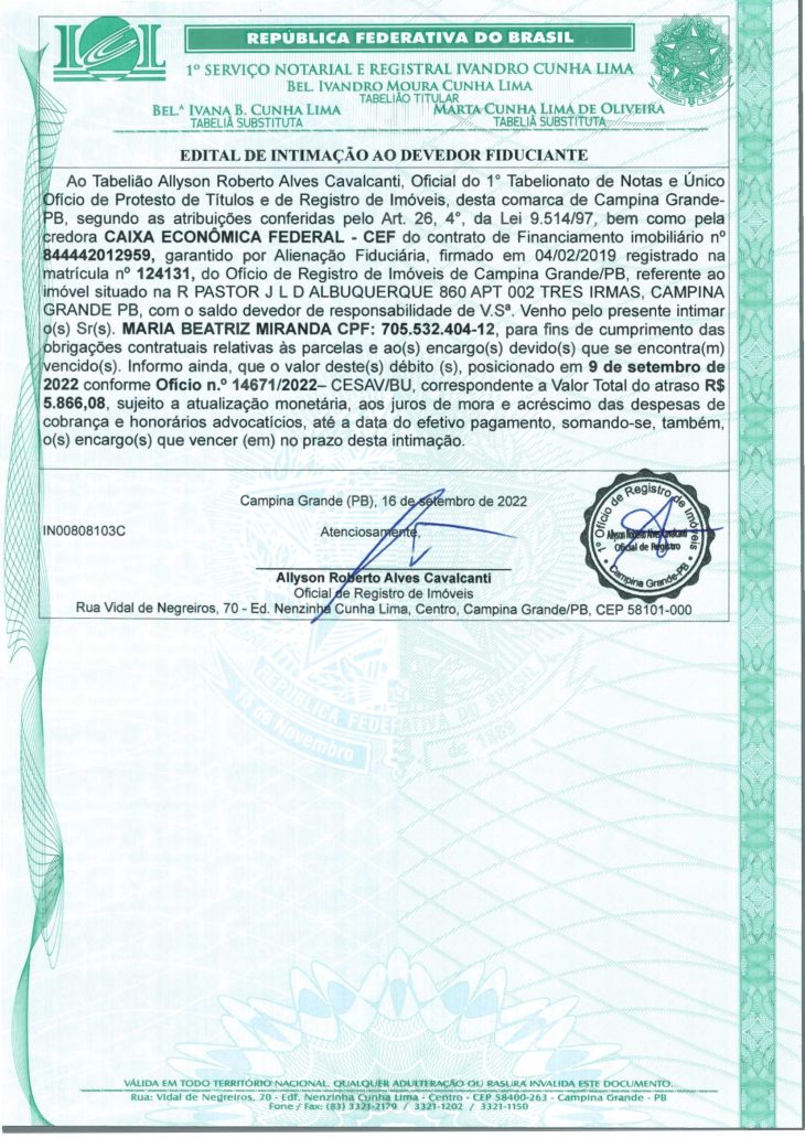 EDITAL DE INTIMAÇÃO AO DEVEDOR FIDUCIANTE