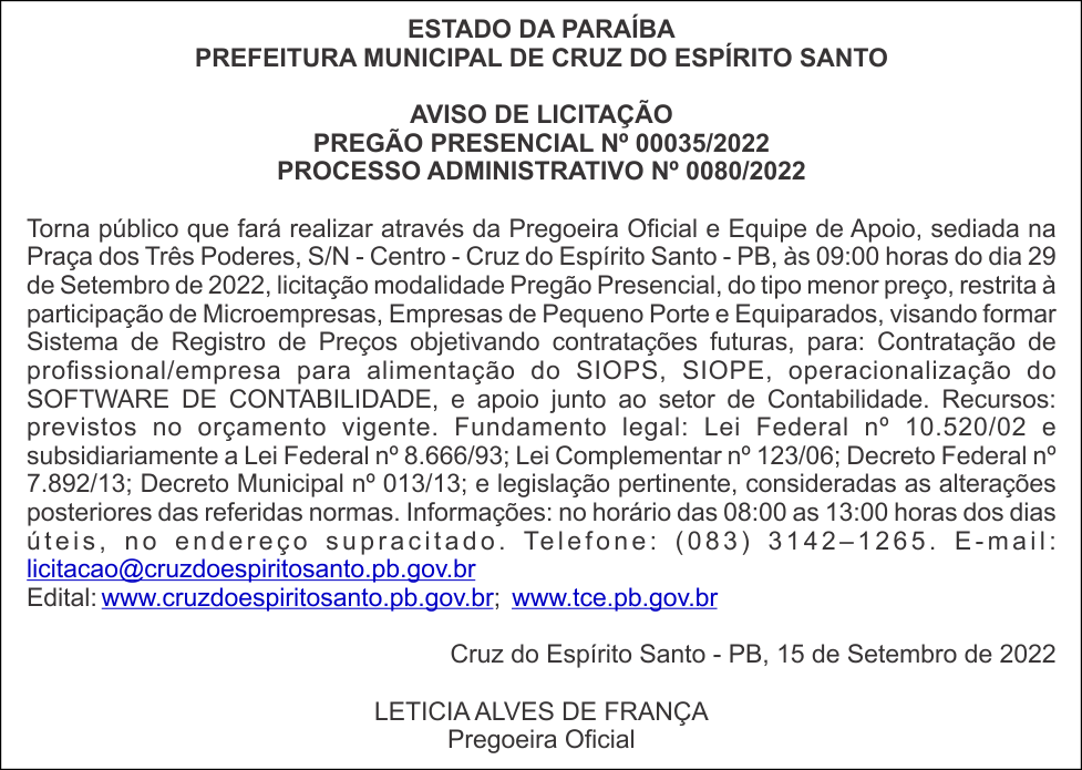 PREFEITURA MUNICIPAL DE CRUZ DO ESPÍRITO SANTO – AVISO DE LICITAÇÃO – PREGÃO PRESENCIAL Nº 00035/2022