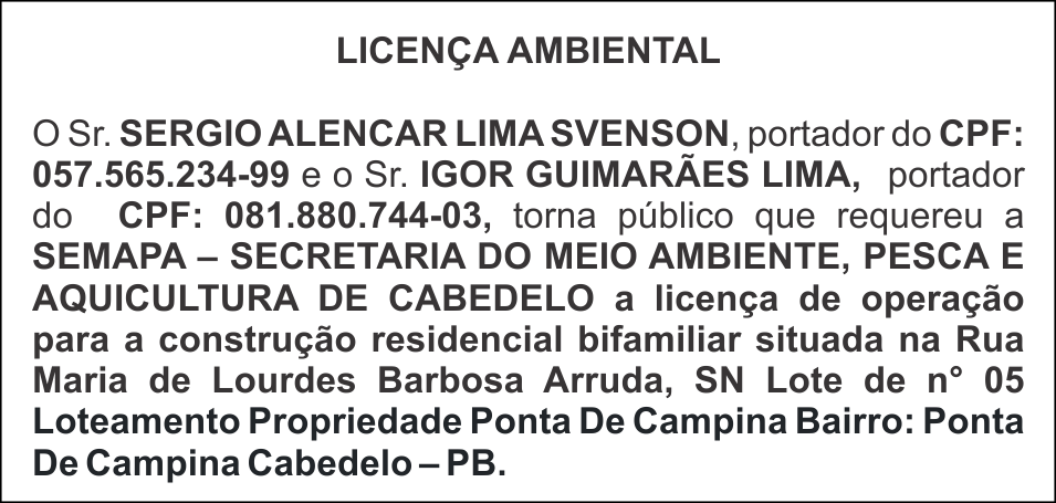 SÉRGIO ALENCAR LIMA SVENSON / IGOR GUIMARÃES LIMA – LICENÇA AMBIENTAL