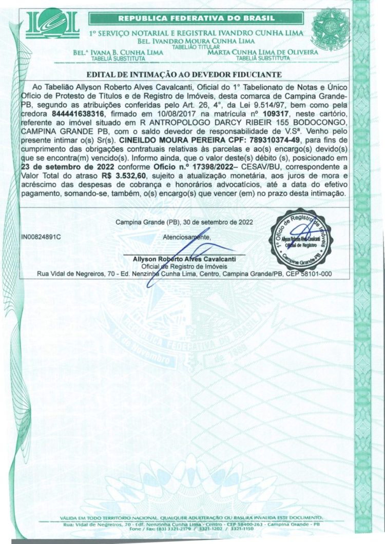 EDITAL DE INTIMAÇÃO AO DEVEDOR FIDUCIANTE