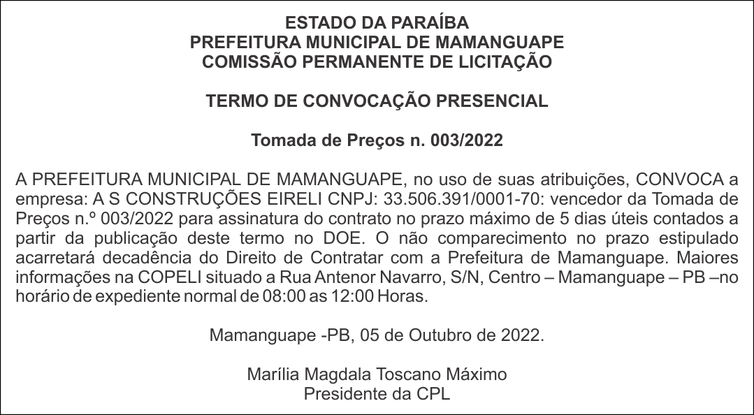 PREFEITURA MUNICIPAL DE MAMANGUAPE COMISSÃO PERMANENTE DE LICITAÇÃO  – PRESENCIAL – Tomada de Preços n. 003/2022