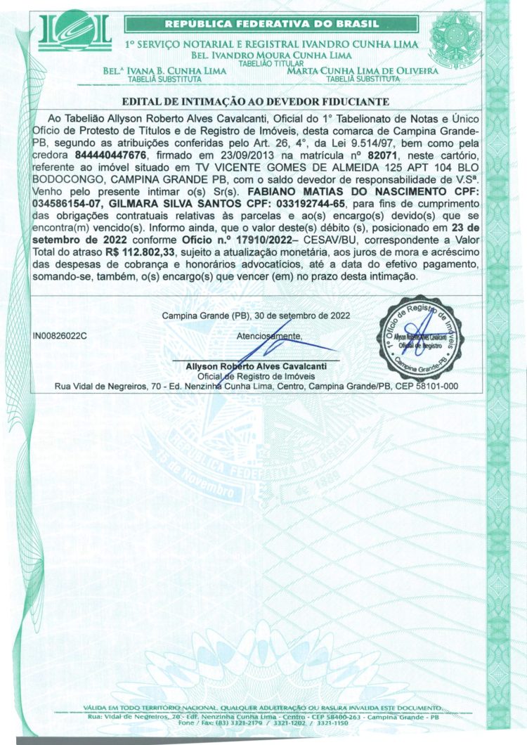 EDITAL DE INTIMAÇÃO AO DEVEDOR FIDUCIANTE