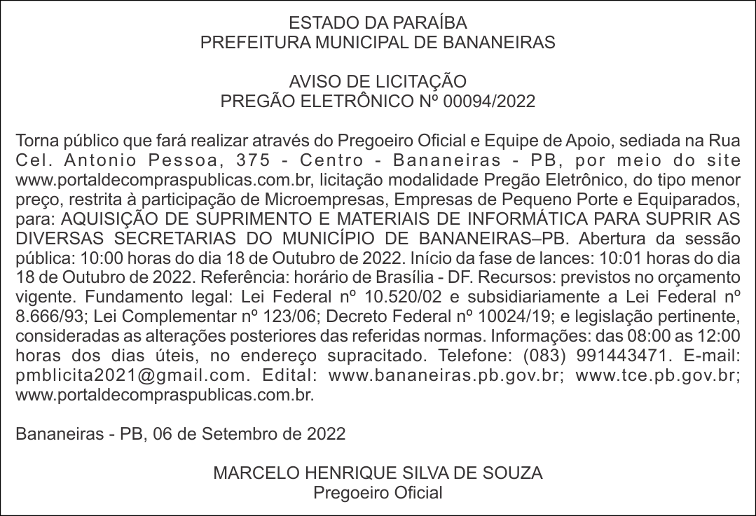 PREFEITURA MUNICIPAL DE BANANEIRAS – AVISO DE LICITAÇÃO – PREGÃO ELETRÔNICO Nº 00094/2022