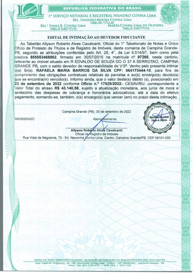 EDITAL DE INTIMAÇÃO AO DEVEDOR FIDUCIANTE