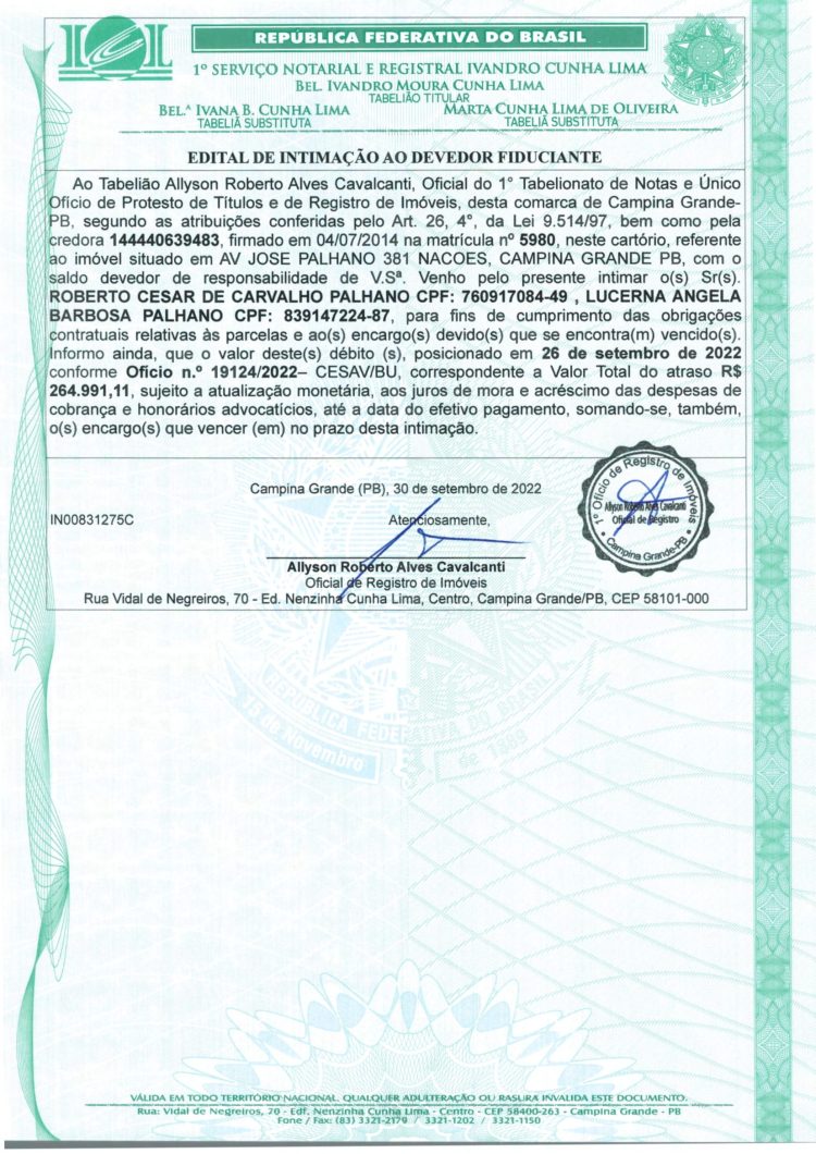 EDITAL DE INTIMAÇÃO AO DEVEDOR FIDUCIANTE