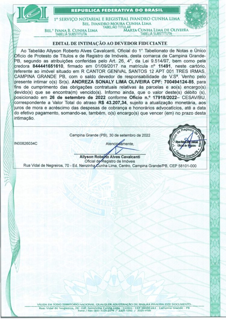EDITAL DE INTIMAÇÃO AO DEVEDOR FIDUCIANTE
