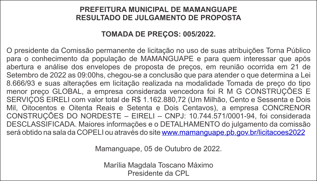 PREFEITURA MUNICIPAL DE MAMANGUAPE – RESULTADO DE JULGAMENTO DE PROPOSTA  – TOMADA DE PREÇOS: 005/2022.