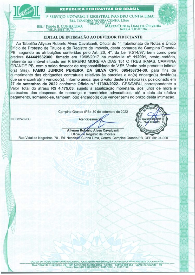 EDITAL DE INTIMAÇÃO AO DEVEDOR FIDUCIANTE