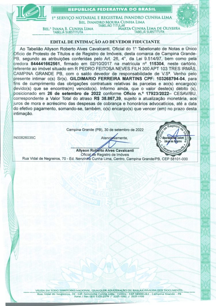 EDITAL DE INTIMAÇÃO AO DEVEDOR FIDUCIANTE