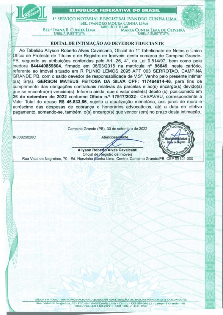 EDITAL DE INTIMAÇÃO AO DEVEDOR FIDUCIANTE
