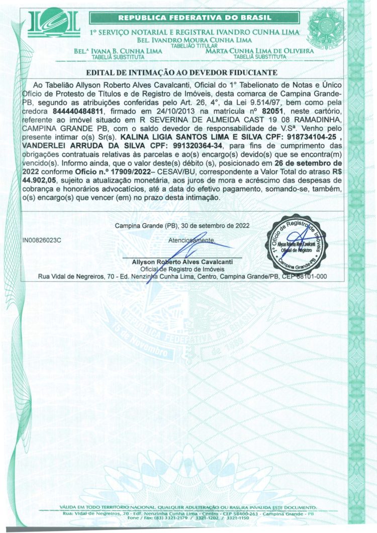 EDITAL DE INTIMAÇÃO AO DEVEDOR FIDUCIANTE