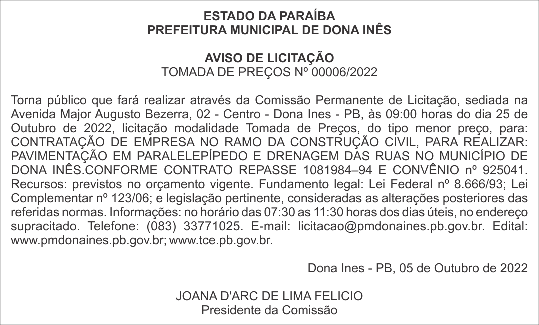 PREFEITURA MUNICIPAL DE DONA INÊS – AVISO DE LICITAÇÃO – TOMADA DE PREÇOS Nº 00006/2022