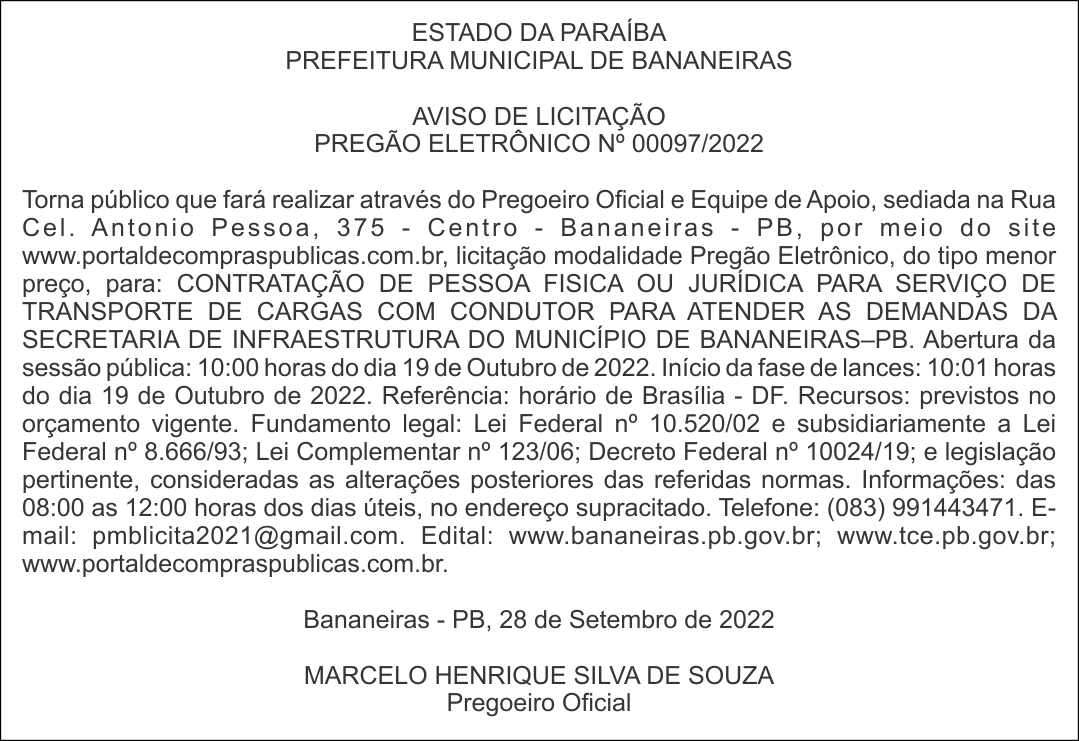PREFEITURA MUNICIPAL DE BANANEIRAS – AVISO DE LICITAÇÃO – PREGÃO ELETRÔNICO Nº 00097/2022