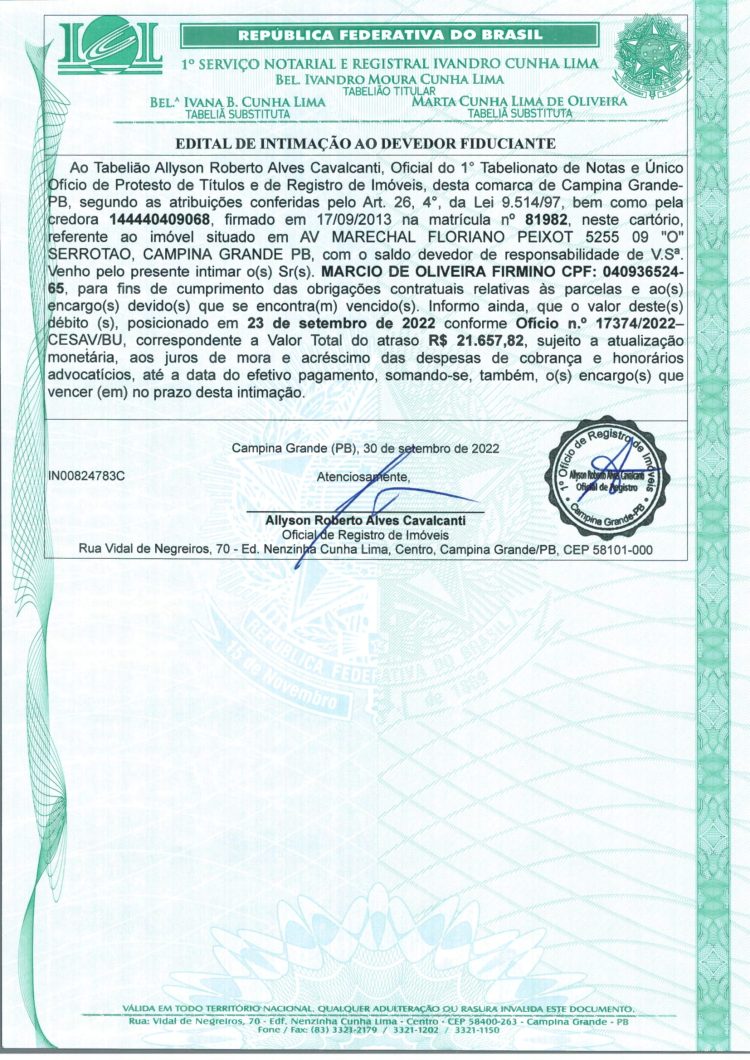 EDITAL DE INTIMAÇÃO AO DEVEDOR FIDUCIANTE