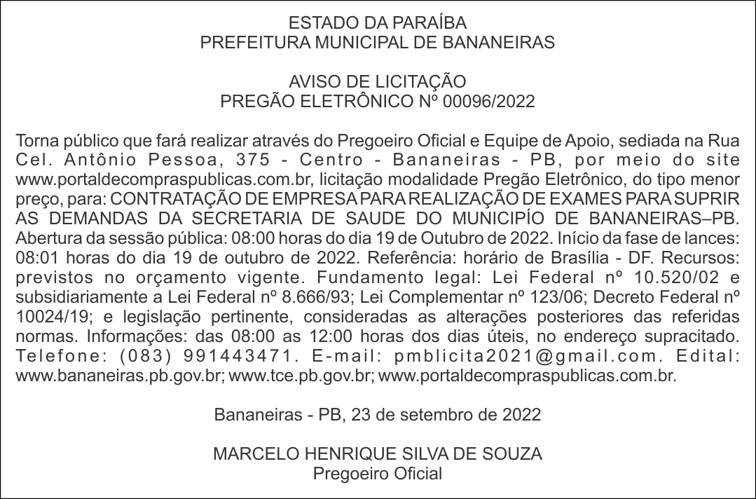 PREFEITURA MUNICIPAL DE BANANEIRAS – AVISO DE LICITAÇÃO – PREGÃO ELETRÔNICO N° 00096/2022