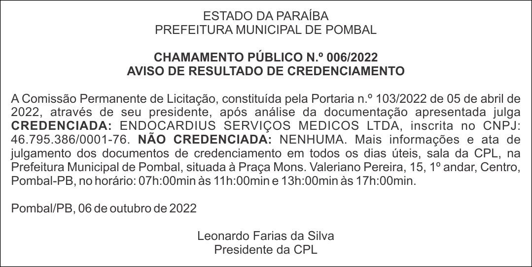 PREFEITURA MUNICIPAL DE POMBAL – CHAMAMENTO PÚBLICO N.º 006/2022 – AVISO DE RESULTADO DE CREDENCIAMENTO