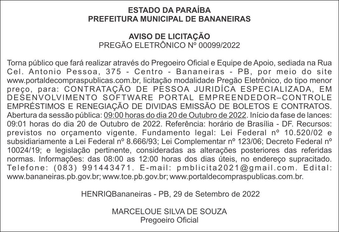 PREFEITURA MUNICIPAL DE BANANEIRAS – AVISO DE LICITAÇÃO – PREGÃO ELETRÔNICO Nº 00099/2022