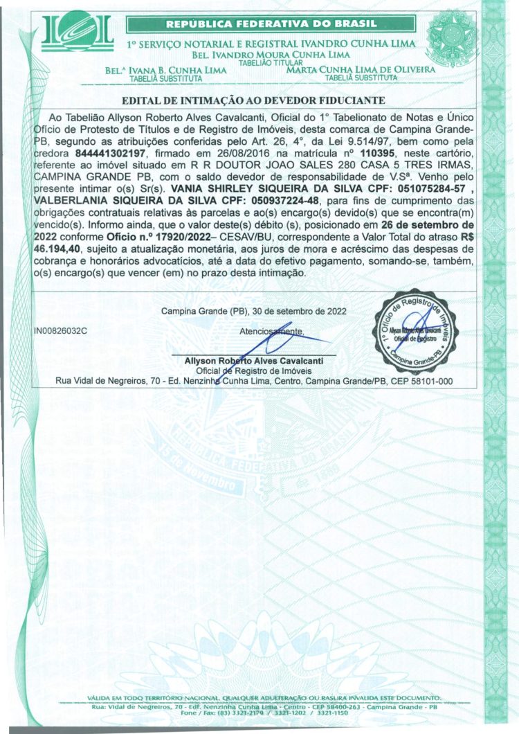 EDITAL DE INTIMAÇÃO AO DEVEDOR FIDUCIANTE