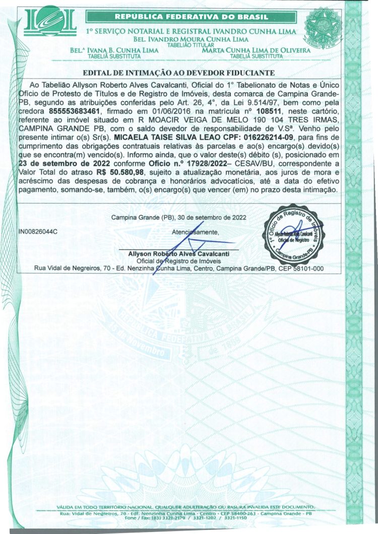 EDITAL DE INTIMAÇÃO AO DEVEDOR FIDUCIANTE
