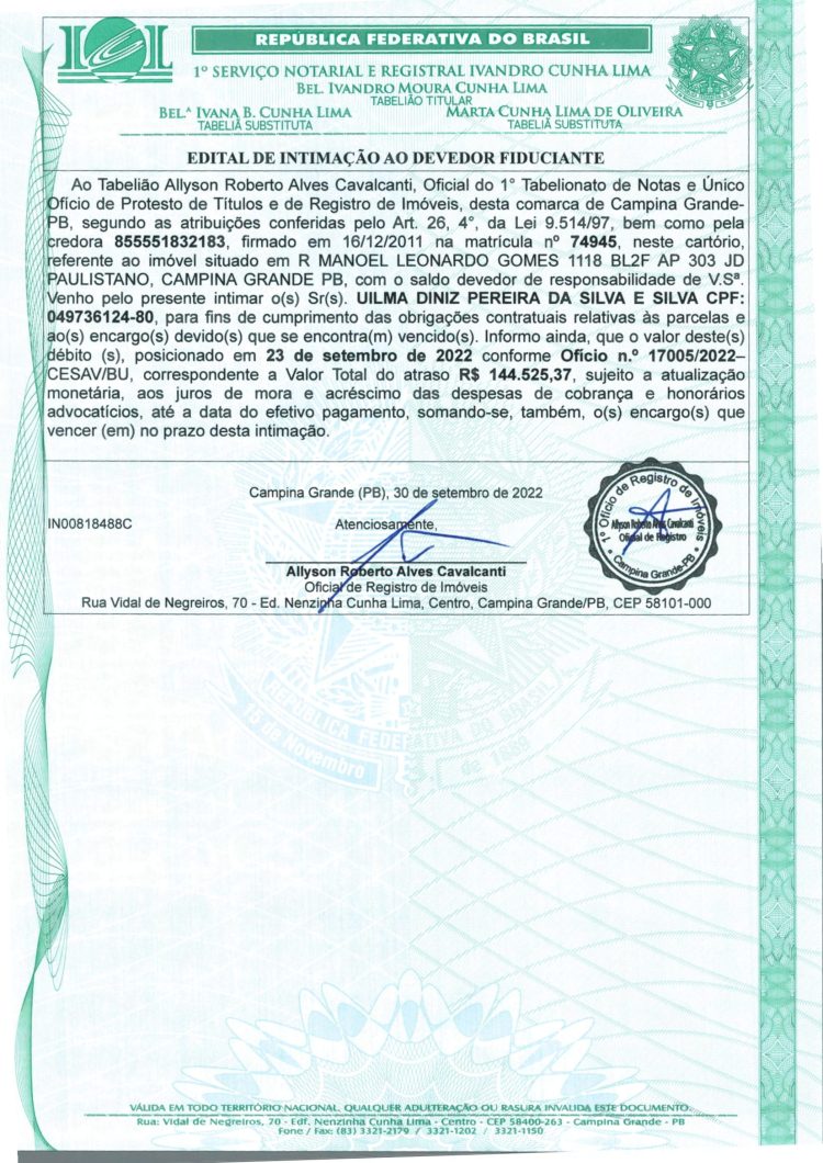 EDITAL DE INTIMAÇÃO AO DEVEDOR FIDUCIANTE