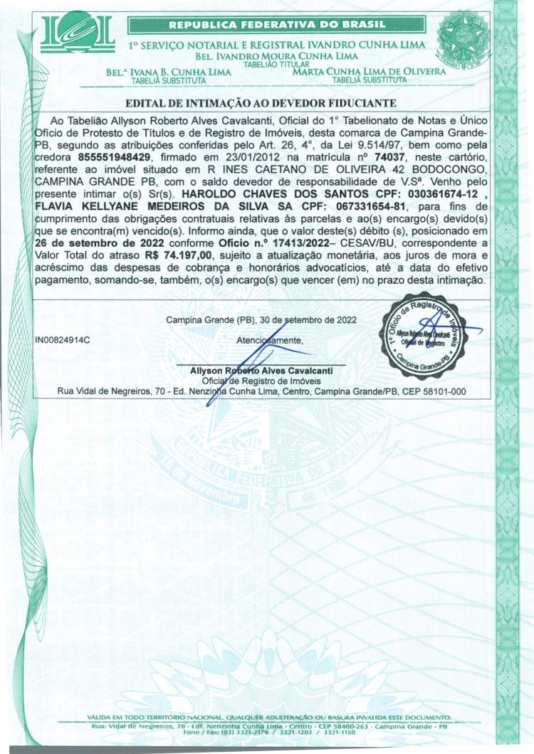 EDITAL DE INTIMAÇÃO AO DEVEDOR FIDUCIANTE
