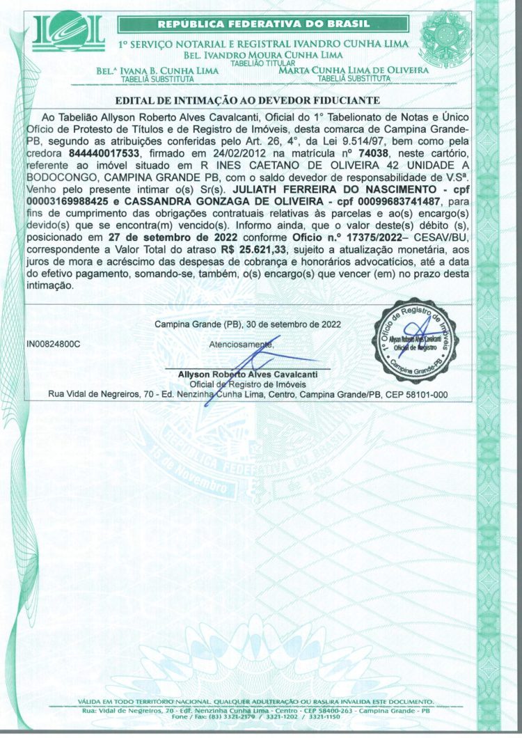 EDITAL DE INTIMAÇÃO AO DEVEDOR FIDUCIANTE