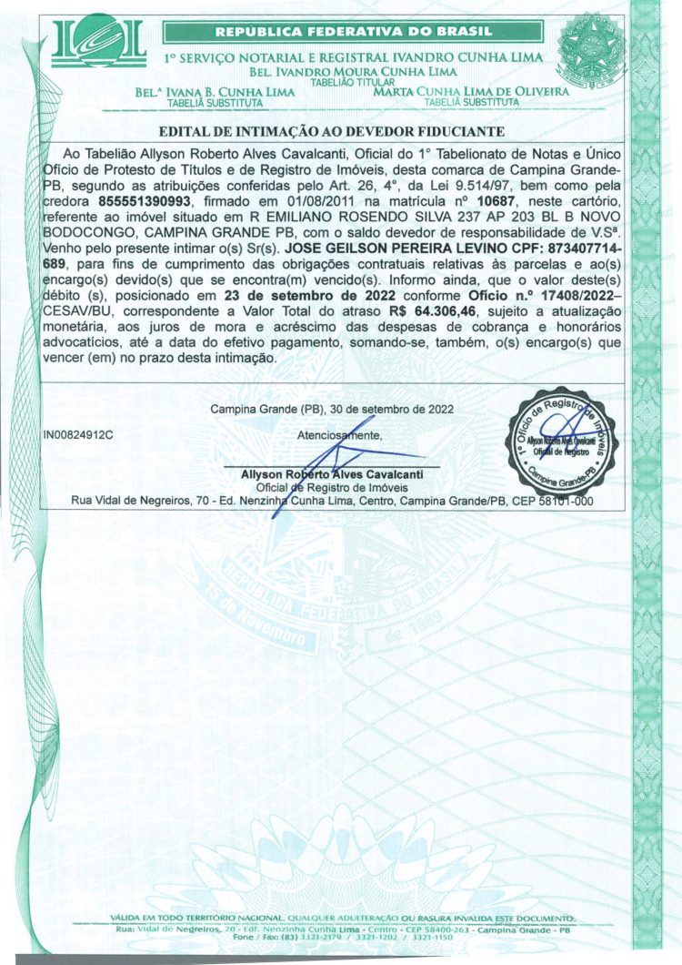 EDITAL DE INTIMAÇÃO AO DEVEDOR FIDUCIANTE