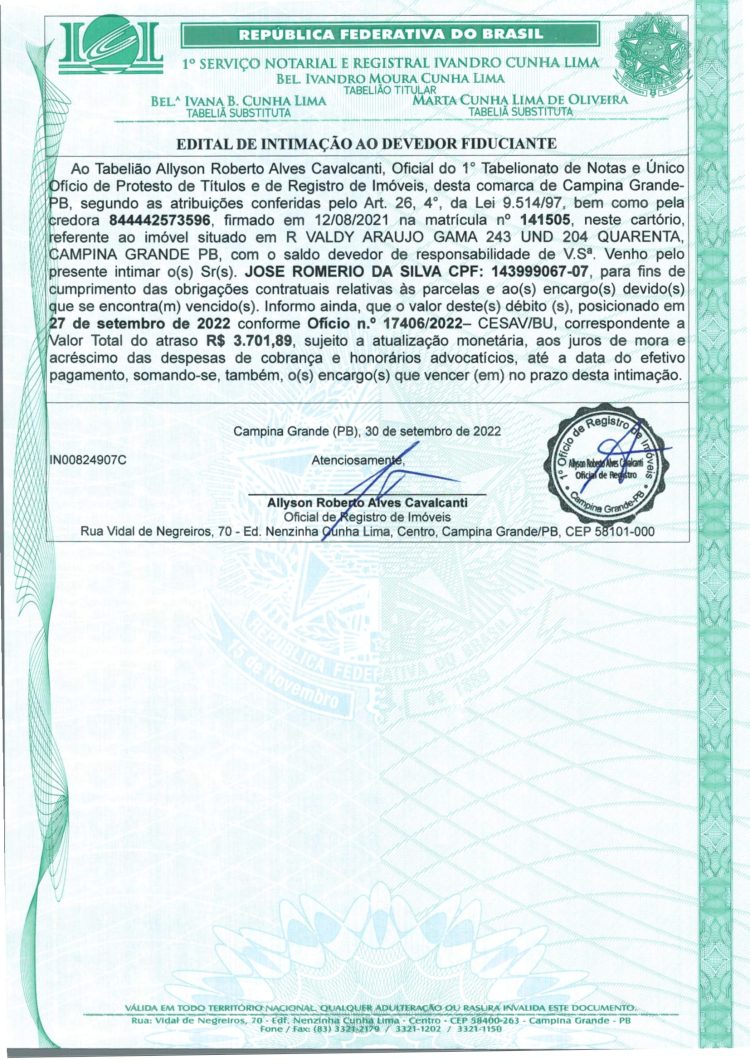EDITAL DE INTIMAÇÃO AO DEVEDOR FIDUCIANTE