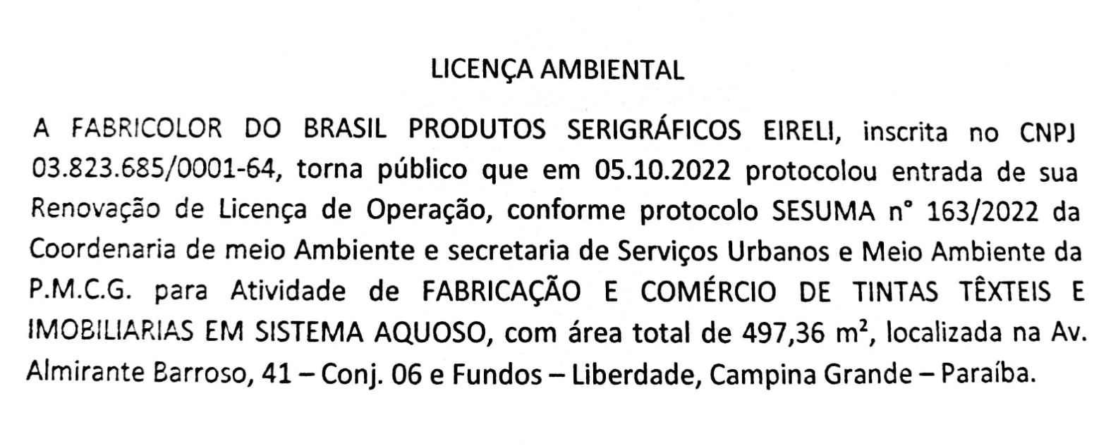 Fabricolor do Brasil Produtos Serigráficos Eireli – Licença Ambiental