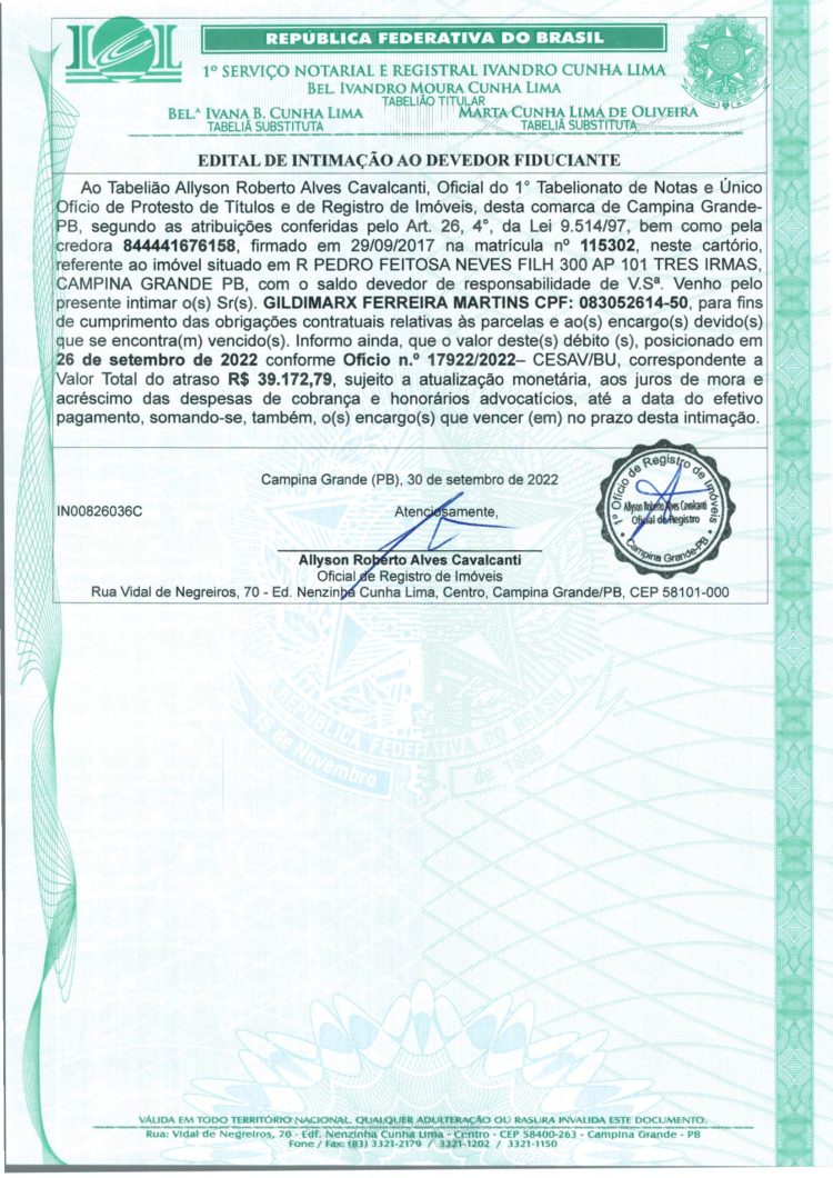 EDITAL DE INTIMAÇÃO AO DEVEDOR FIDUCIANTE
