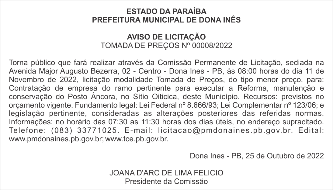 PREFEITURA MUNICIPAL DE DONA INÊS – AVISO DE LICITAÇÃO – TOMADA DE PREÇOS Nº 00008/2022