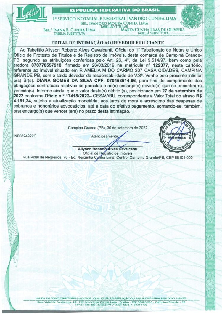 EDITAL DE INTIMAÇÃO AO DEVEDOR FIDUCIANTE