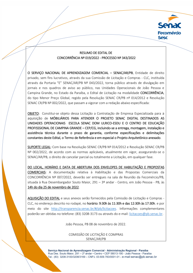 SENAC – RESUMO DE EDITAL DE CONCORRÊNCIA Nº 019/2022 – PROCESSO Nº 343 / 2022