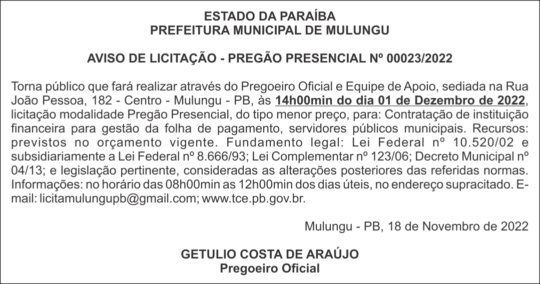 PREFEITURA MUNICIPAL DE MULUNGU – AVISO DE LICITAÇÃO – PREGÃO PRESENCIAL Nº 00023/2022
