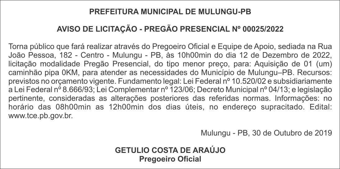 PREFEITURA MUNICIPAL DE MULUNGU-PB – AVISO DE LICITAÇÃO – PREGÃO PRESENCIAL Nº 00025/2022