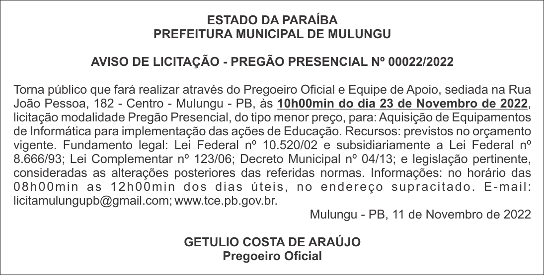 PREFEITURA MUNICIPAL DE MULUNGU – AVISO DE LICITAÇÃO – PREGÃO PRESENCIAL Nº 00022/2022